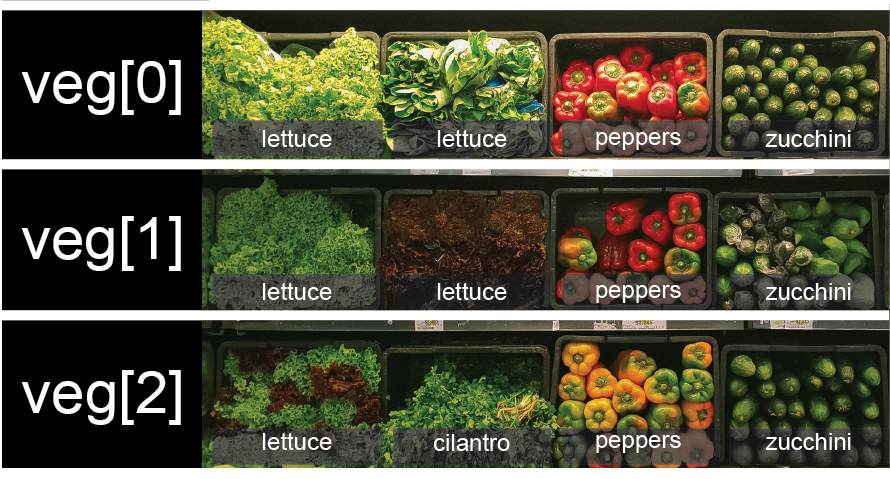veg is now shown as a list of three rows, with veg[0] representing the top row of three baskets, veg[1] representing the second row, and veg[2] representing the bottom row.